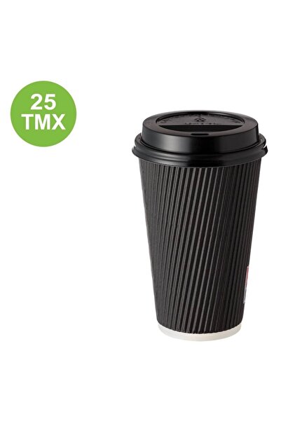 SHOPIENS Set of Cardboard Cups with Lids, Black Ripple, 480ml, 25 pcs
