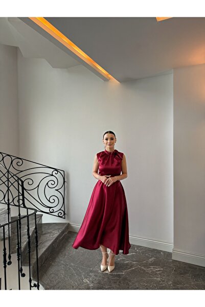 Dilarabulut Narisa Midi Boy Kloş Etek Kolsuz Saten Abiye Elbise
