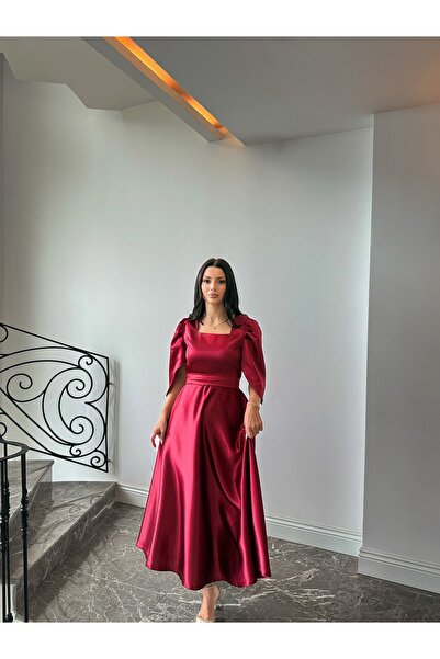 Dilarabulut Ranella Midi Boy Kloş Etek Kısa Kol Saten Abiye