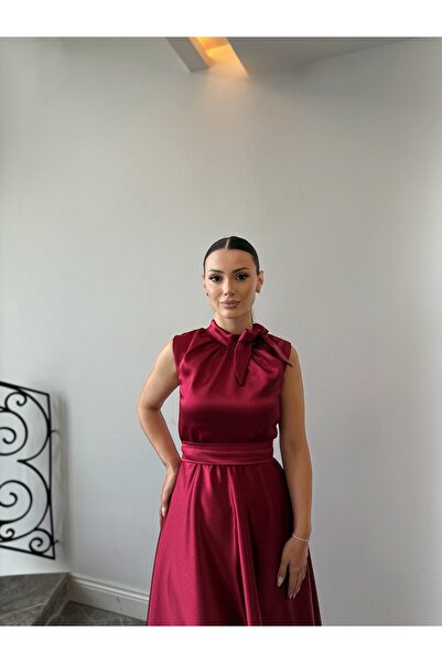 Dilarabulut Narisa Midi Boy Kloş Etek Kolsuz Saten Abiye Elbise