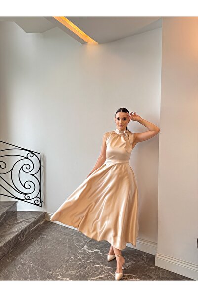 Dilarabulut Narisa Midi Boy Kloş Etek Kolsuz Saten Abiye Elbise