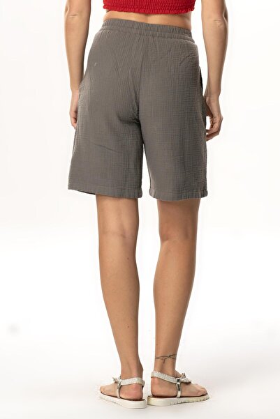 Eliş Şile Bezi Pearl Tie-Up Long Summer Muslin Shorts Gray Gray