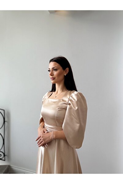 Dilarabulut Ranella Midi Boy Kloş Etek Kısa Kol Saten Abiye