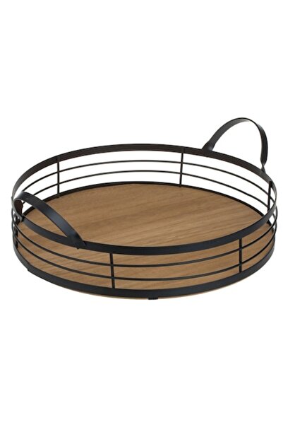 SHOPIENS Wooden Round Serving Tray 30x6 cm with Black Metal Handles - MYONNA