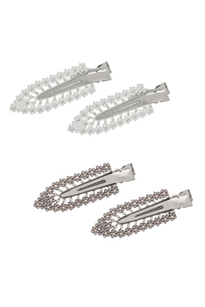 SHOPIENS Hair Clips Set with Beads and Rhinestones, White and Grey, 6 cm - 4 pcs