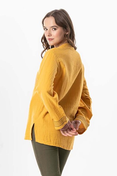 Eliş Şile Bezi Long Sleeve Ibiza Embroidered Women's Muslin Summer T-Shirt Mustard Hrd