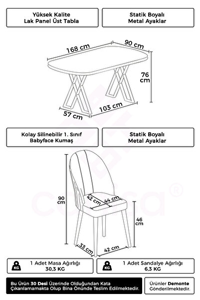 Canisa Kaye Serisi Mdf 90x168 Siyah Mermer Desen Mutfak Masası Takımı 6 Gri Sandalye