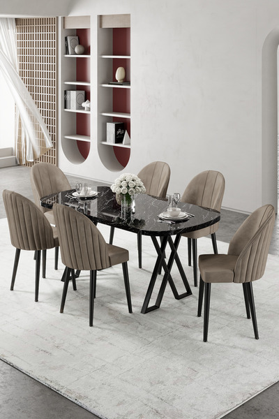 Canisa Kaye Serisi Mdf 90x168 Siyah Mermer Desen Mutfak Masası Takımı 6 Cappu...