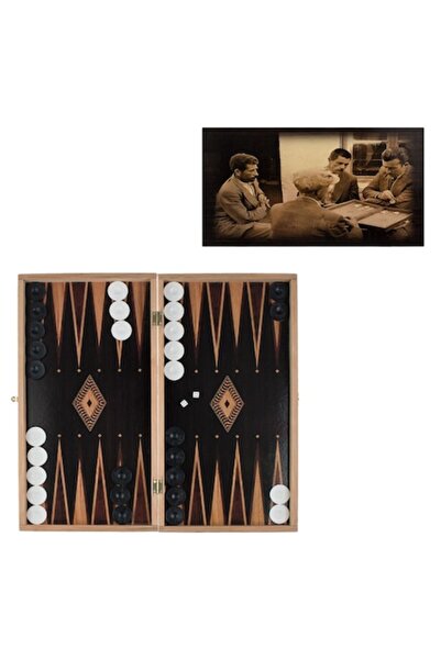 MYONNA IT & E- COMMERCE Wood Backgammon Game, Sepia Engraving, White and Black Pieces, 50.5x47.5 cm