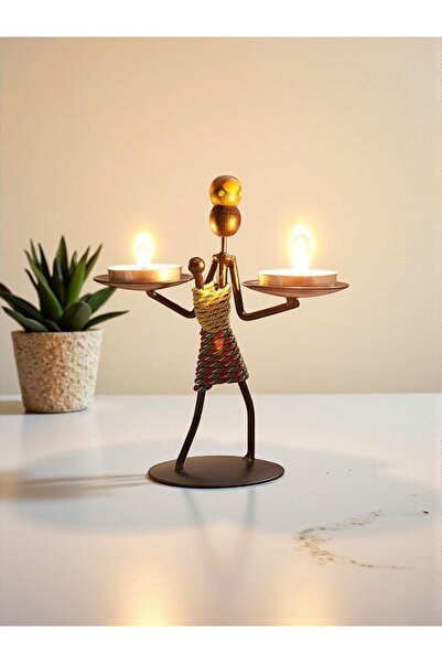 HEDİYE FİKRİ Retro Etnik Afrika Figürlü Çift Mumluk - Dekoratif Şamdan Tutucu...