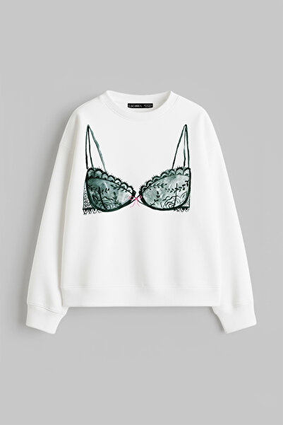 Sokak Butik سويت شيرت نسائي أبيض بدون قلنسوة مطبوع عليه فيونك بيكيني