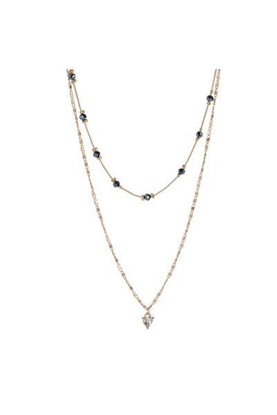 SHOPIENS Colier dublu de damă, culoare aurie, pietre negre, picătură de stras...