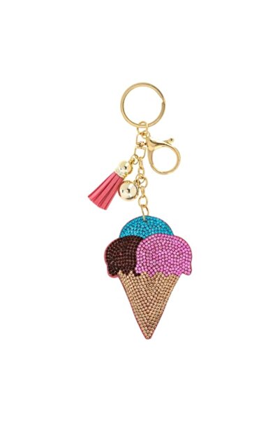 MYONNA IT & E- COMMERCE Rhinestone Keychain - Ice Cream Design, Pink Tassel, Gold Pearl, Multicolor, 15 cm