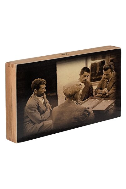 MYONNA IT & E- COMMERCE Wood Backgammon Game, Sepia Engraving, White and Black Pieces, 50.5x47.5 cm