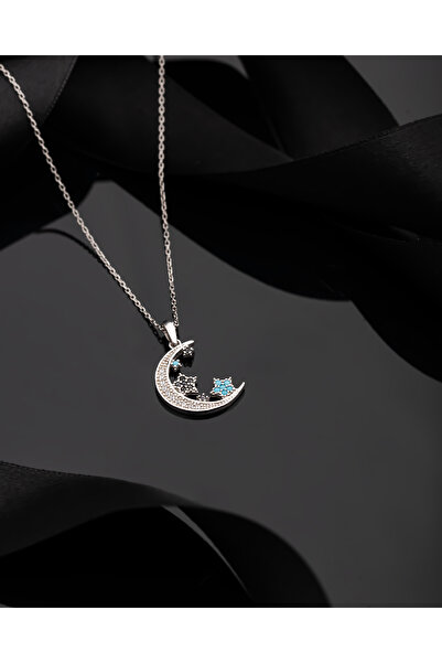 Roza Silver 925 Ayar Turkuaz Taşlı Rodyum Ay Yıldız Gökyüzü Gümüş Kolye