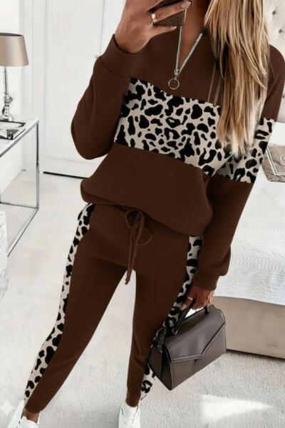 Mossta Viscose Two-Thread Blouse and Pants Two-Piece Set with Patterned Stripe on the Front and Zipper - Brown