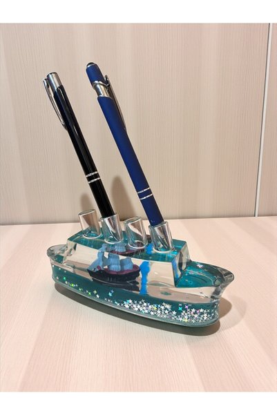 HEDİYE FİKRİ Blue Cruise Ship Water Pen Holder – Desk Decor with Capacity for 4 Pens (16 cm)