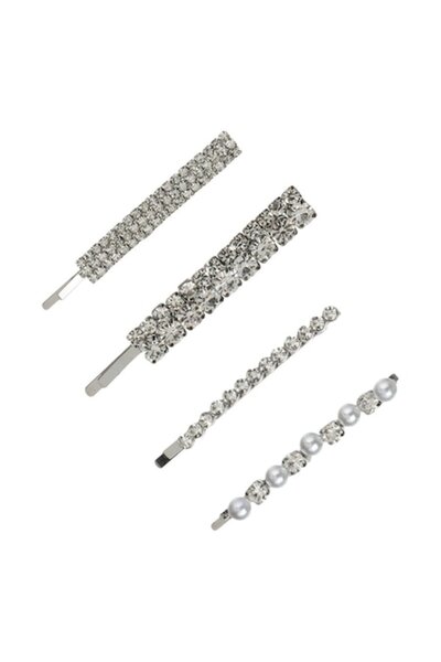 MYONNA IT & E- COMMERCE Hair Clips Set, 4 Pieces, Silver, Strass and Beads, 6-7 cm