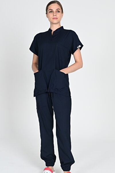 HEMİ طقم زي فاخر للممرضات والأطباء مكون من قماش قابل للتمدد قطع زي موحد للمستشفى باللون الأزرق الداكن