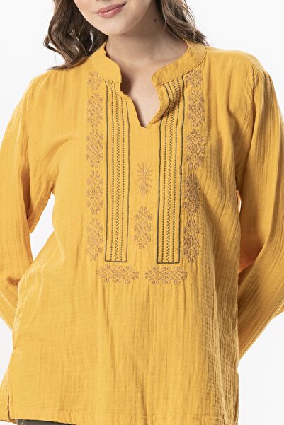 Eliş Şile Bezi Long Sleeve Ibiza Embroidered Women's Muslin Summer T-Shirt Mustard Hrd