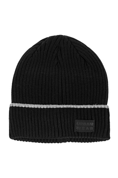 MYONNA IT & E- COMMERCE Men's Urban Knit Beanie, Black with Grey Stripes, Artificial Fur Lining, Black Patch