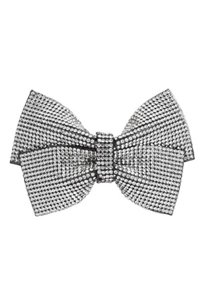 SHOPIENS Agrafă de păr cu fundă argintie și strasuri pentru femei, 9,5x7 cm