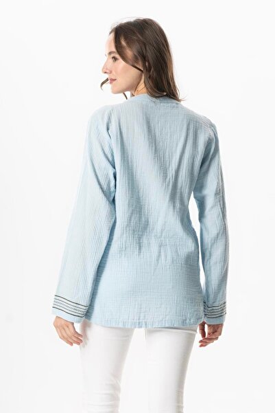 Eliş Şile Bezi Tricou de vară din muselină pentru femei cu mânecă lungă Ibiza brodat Ice Blue Bmv