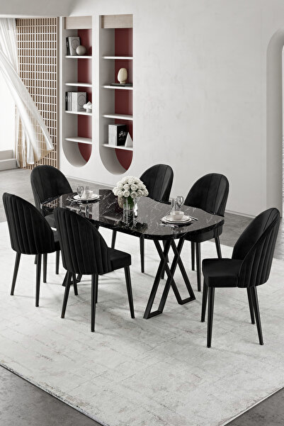 Canisa Kaye Serisi Mdf 90x168 Siyah Mermer Desen Mutfak Masası Takımı 6 Siyah...