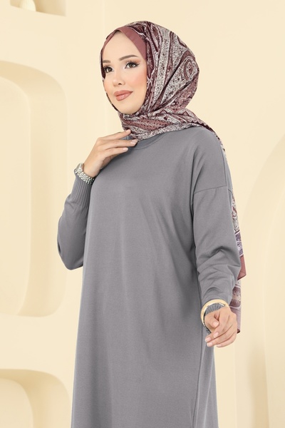 ModaMerve Yırtmaç Düğmeli Merserize Tunik 5006KLN570-MS Gri