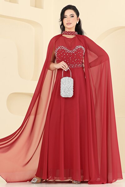 ModaMerve Pelerin Detaylı Taşlı Abiye 8112AB368-MS Kırmızı