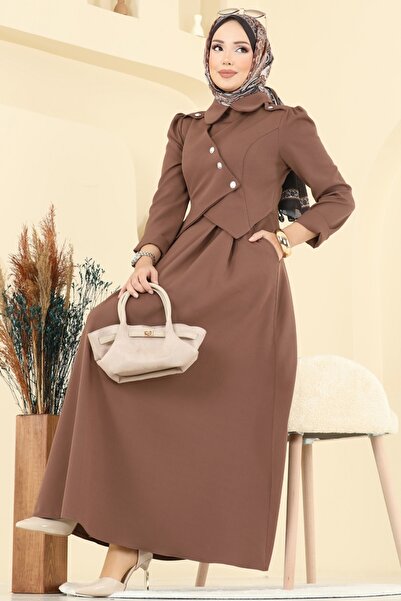 ModaMerve Ceket Detaylı Dabıl Elbise 2743SL432-MS Koyu Vizyon