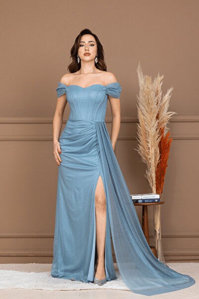 BEYBOS Rochie de seară cu detaliu balen din țesătură argintie - VERDE APĂ