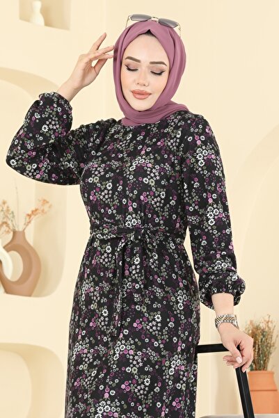 ModaMerve Etnik Desen Tesettür Elbise 4128PM271-MS Desen 2 Mor