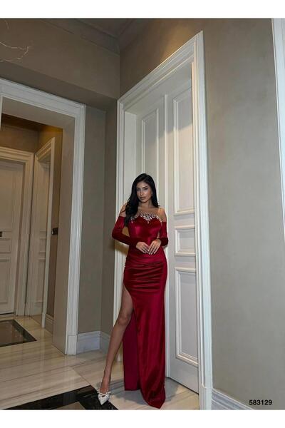 Modafeminen Rochie de seară din catifea elastică, fără bretele, cu deschidere frontală, brodata cu pietre, 583129 ROȘU