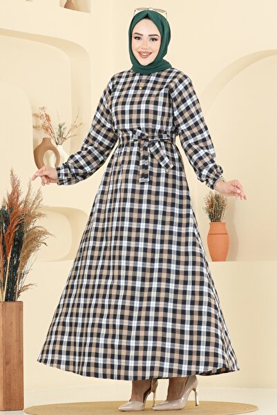 ModaMerve Beli Bağcıklı Ekose Elbise 4124PM271-MS Vizyon