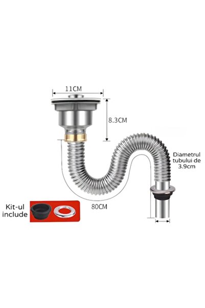 BiXXBi Kit sifon chiuvetă din oțel inoxidabil – orificiu de ventilație Ø11 cm...