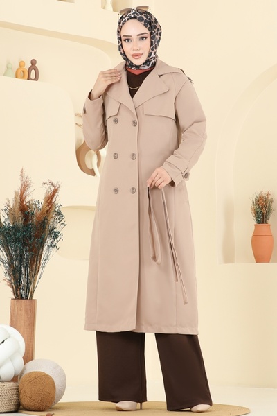 ModaMerve Beli Kuşaklı Cepli Trençkot 6248BSK463-MS Bej