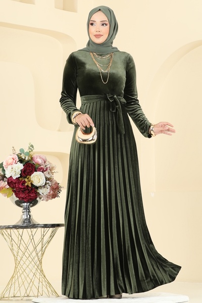 ModaMerve Pilise Detaylı Kadife Elbise 2047MEY846-MS Haki