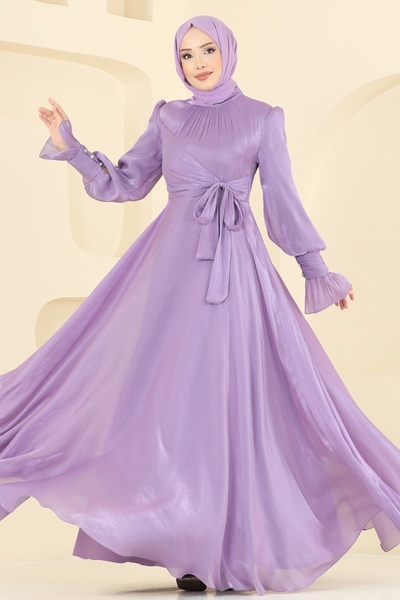 ModaMerve Manşeti Düğmeli Organze Abiye 2826ELC1143-MS Lila