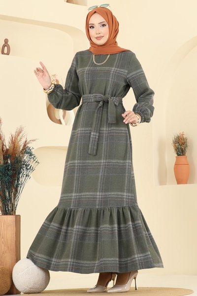 ModaMerve Manşeti Lastikli Ekose Elbise 9010S324-MS Haki