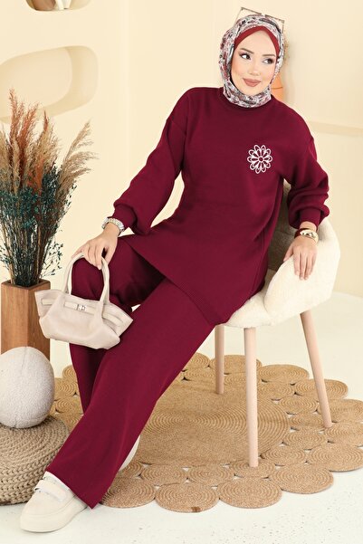 ModaMerve Çiçek Detaylı Triko Takım 2724AYD574-MS Bordo