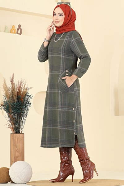 ModaMerve Aksesuar Düğmeli Ekose Tunik 6899S324-MS Haki