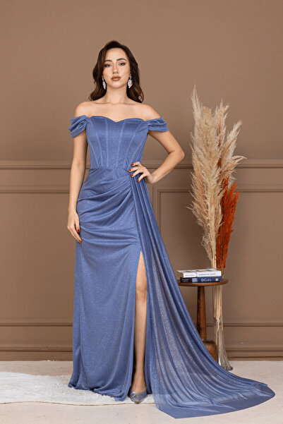 BEYBOS Simli Kumaş Balen Detaylı Abiye Elbise - İNDİGO MAVİ