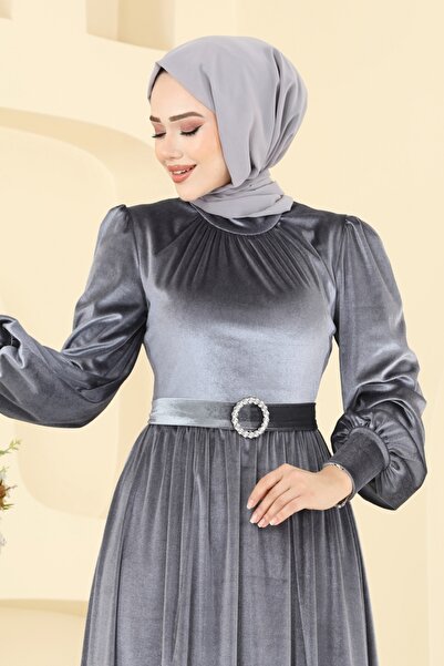 ModaMerve Kemeri Taşlı Abiye Elbise 5708EDF311-MS Açık Gri