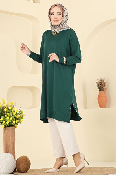 ModaMerve Yırtmaç Düğmeli Merserize Tunik 5006KLN570-MS Zümrüt