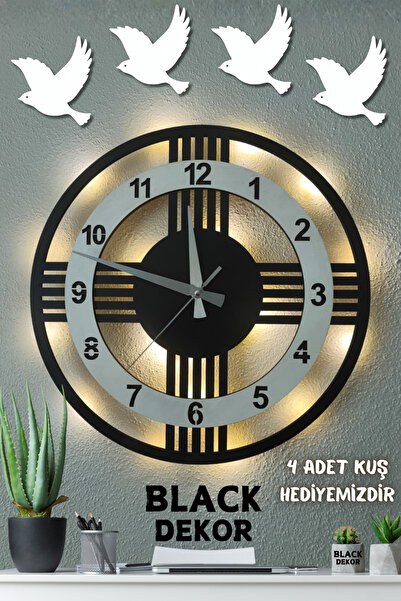 Blackdekor Beyaz Renkli LED Işıklı Modern Ahşap Duvar Saati | Şık ve Dekorati...