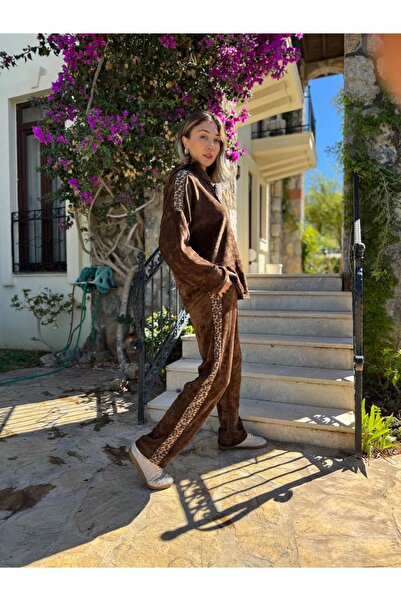 Punta Otantik Nc24145 Italian Hooded Velvet Suit with Leopard Detail Brown