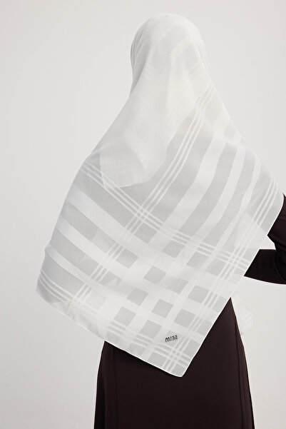 MıssColor A25259 Jacquard Glitter Plaid Chiffon Scarf 120X120Cm - Ecru