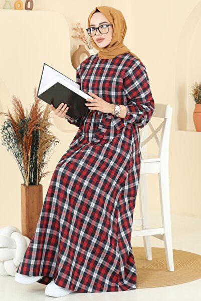 ModaMerve Beli Bağcıklı Ekose Elbise 4124PM271-MS Kırmızı