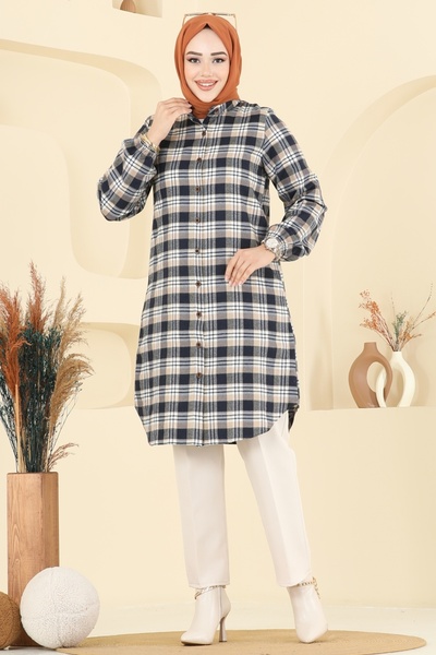 ModaMerve Manşeti Lastikli Ekose Tunik 4123PM271-MS Vizyon